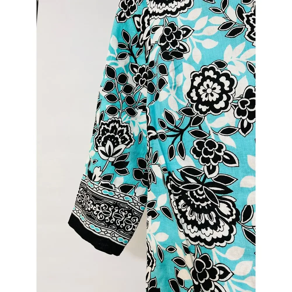 JM Collection Blouse Womens size 12 Blue100% Linen Floral V Neck 3/4 Sleeves - Picture 5 of 5